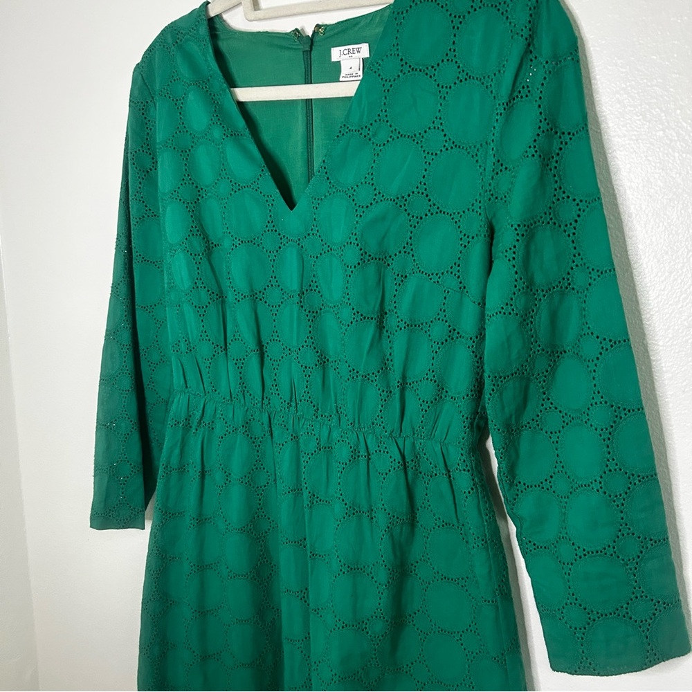 Jcrew green scalloped hem Vneck 3/4 length sleeve dress size 4 - Picture 2 of 8